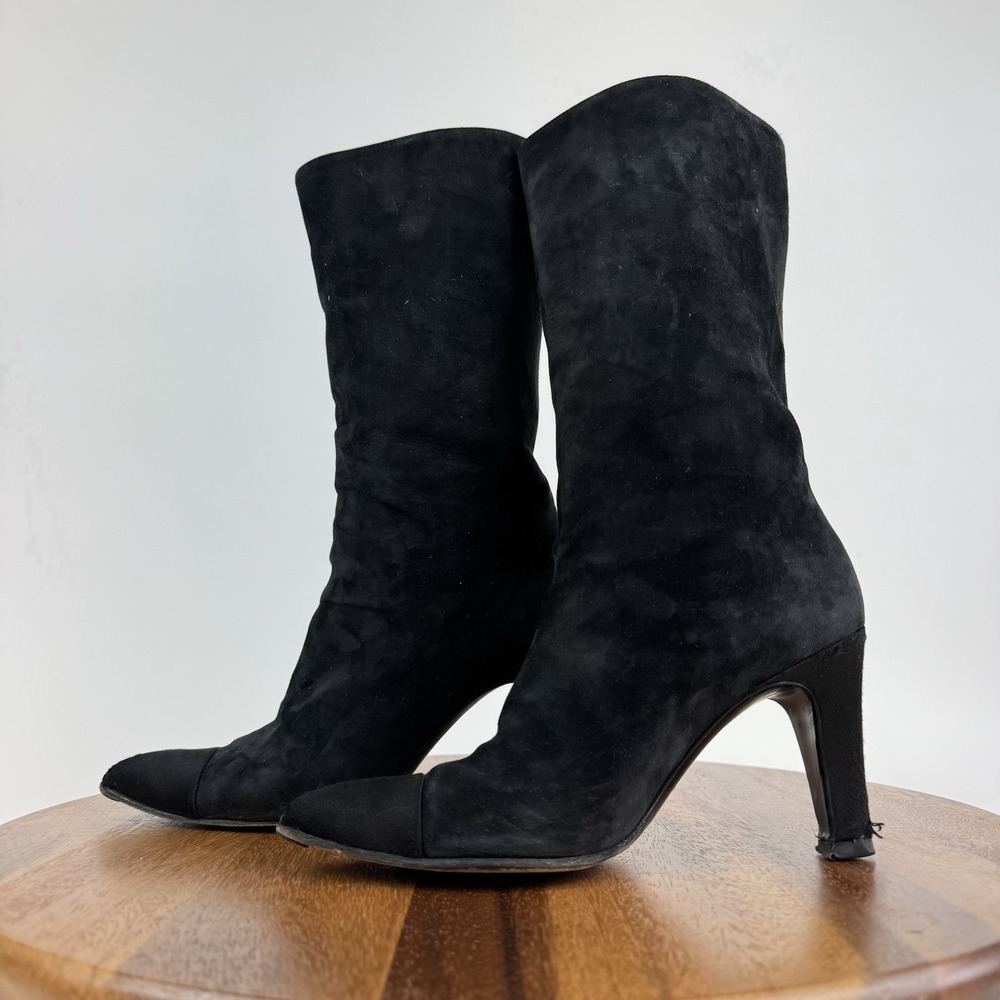 Womens Chanel Black Calfskin‎ Suede Satin Gabrielle Heeled Mid Boots Size EU 36 - Picture 2 of 11